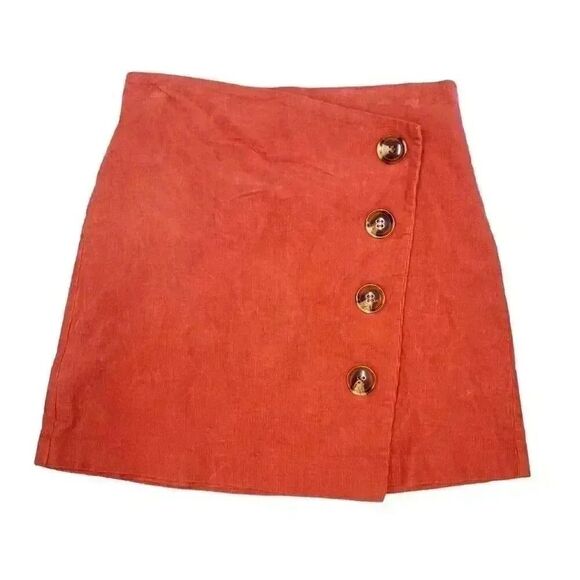 Miami Women's Rust Red Cotton/Spandex Corduroy Wrap Button Front Mini Skirt - Picture 3 of 8